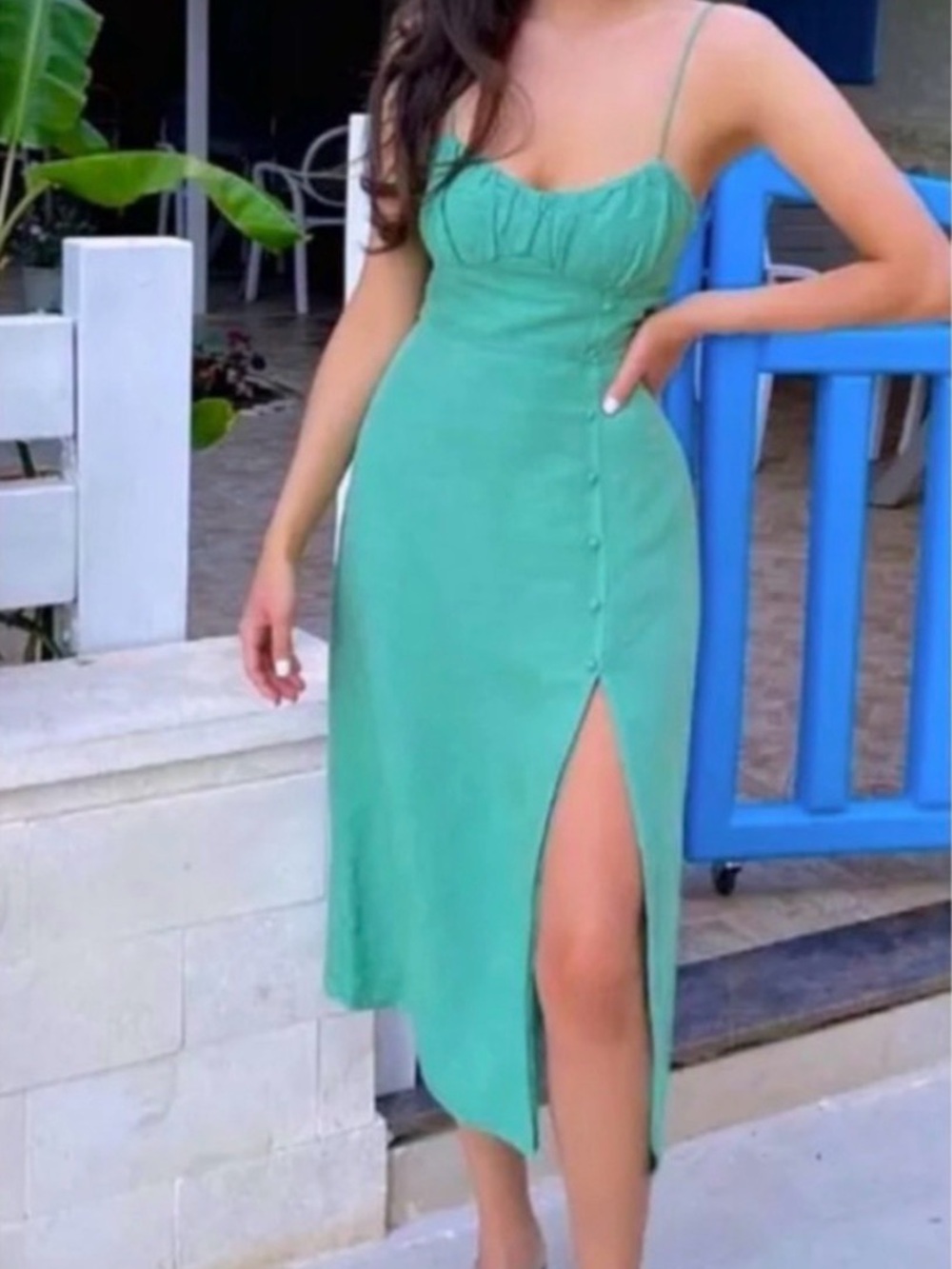 Zara XS Green Linen Midi Dress w/ Side Button Slit and Adjustable Tie Straps NWT